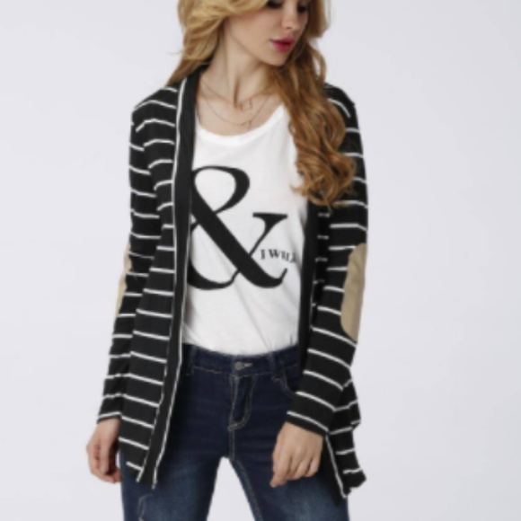 Boutique Sweaters - New  long striped Black elbow patch work cardigan